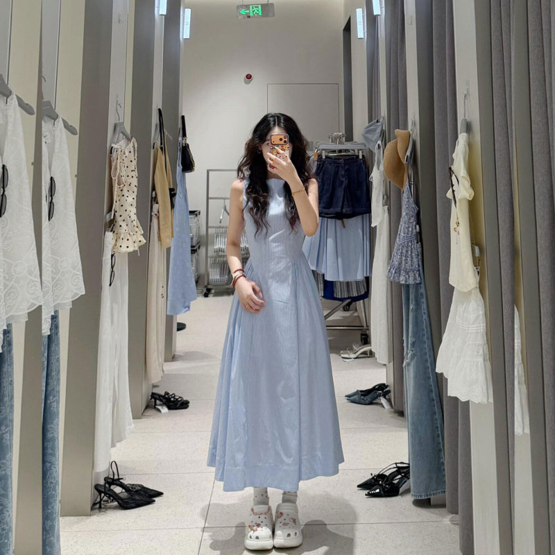 (in Stock) Minimalist Style Elegant Sleeveless Round Neck Dress for Women, Summer High-End Mid-Length Blue Striped Tank Dress