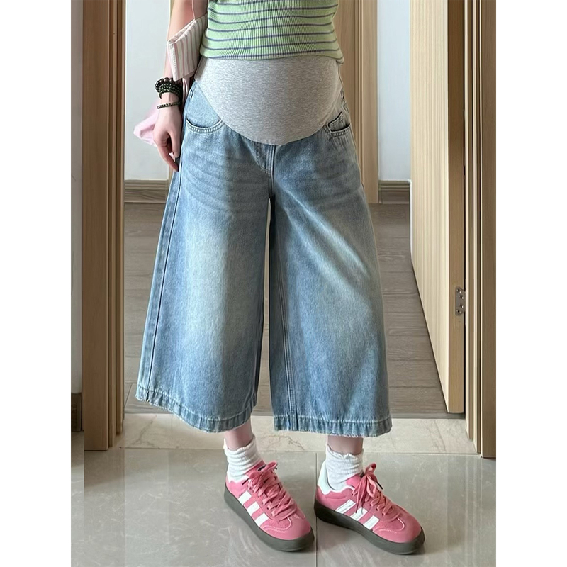 Maternity Pants for Summer, Thin Style for Outerwear, 2026 New Wide-Leg Cropped Pants, Non-Tightening Denim Jeans for Pregnancy, Summer Wear