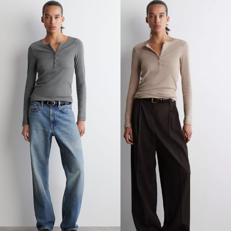 It's Great to Wear in Early Autumn~~Cs Henry Collar Ribbed Long-Sleeve T-Shirt