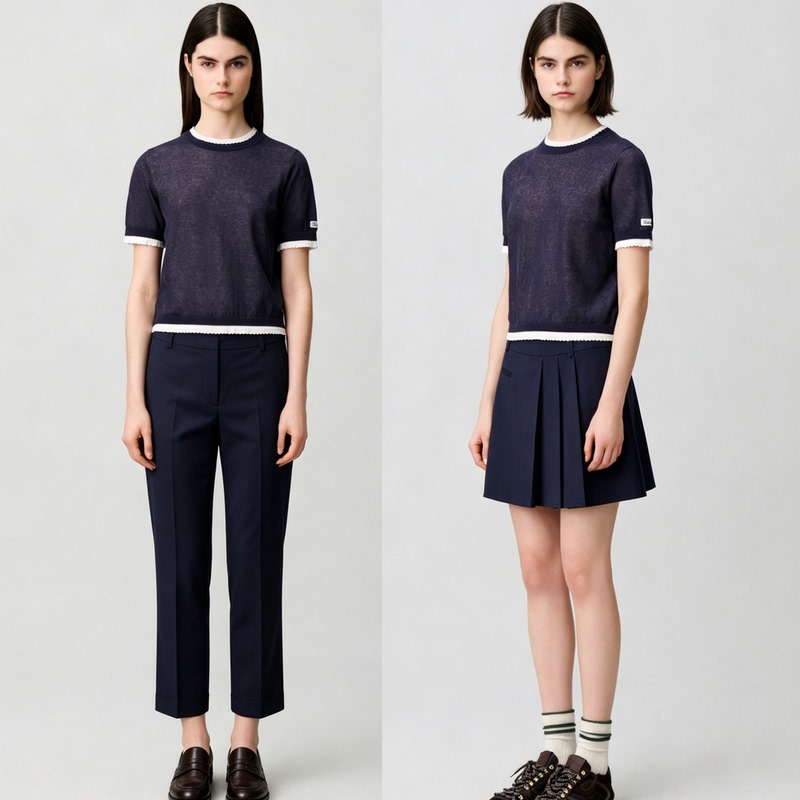 French Style Cp, Fake Two-Piece, Color-Blocking~ Hazy Short-Sleeve Knit T-Shirt