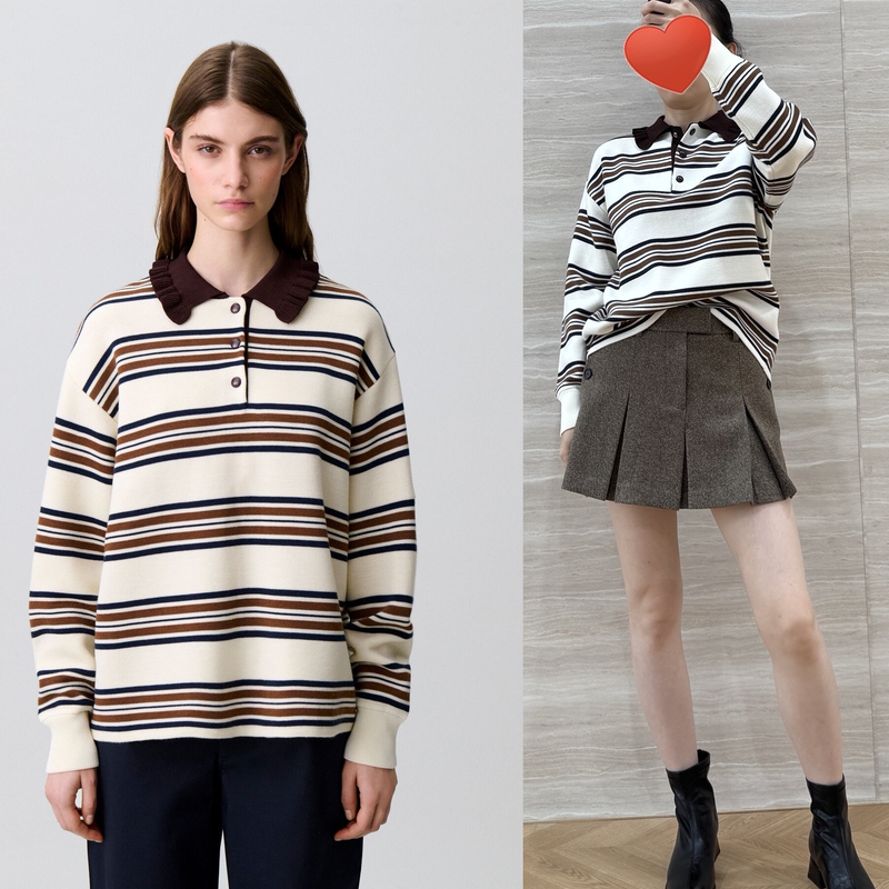 French Original, Miu-Style Color-Blocked Polo Collar Loose Knit Sweater French Original, Miu-Style Color-Blocked Polo Collar Loose Knit Sweater