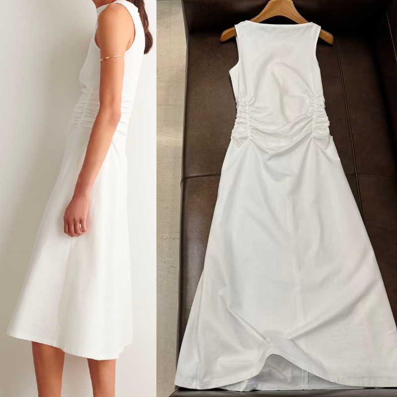 Cs Pure Y. Over 40 White Waist-Cinching, Ruched, Sleeveless White Dresses.