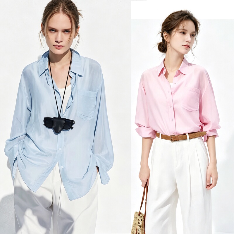 Pure Tail~ Lightweight Silk-Cotton Blend Sky Blue and Pink Long-Sleeved Shirt, Suitable for Both Summer and Autumn