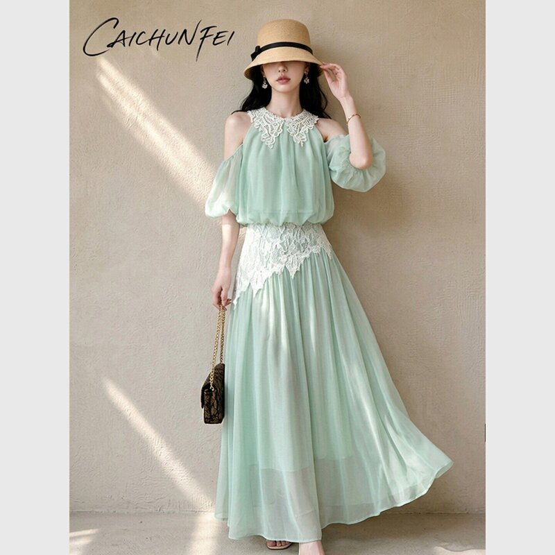 (in Stock) 2026 New Summer Style, Stunningly Beautiful and Gentle Mint Green Lace Patchwork Off-Shoulder Top Half Dress (in Stock) 2026 New Summer Style, Stunningly Beautiful and Gentle Mint Green Lace Patchwork Off-Shoulder Top Half Dress