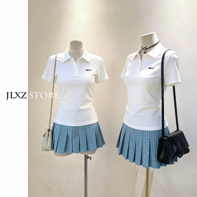 Jk Uniform Set Short-Sleeved T-Shirt Waist-Cinching Polo Shirt Women's Summer Preppy Style Loose Blue Plaid Skirt Sports Gymnastics Suit