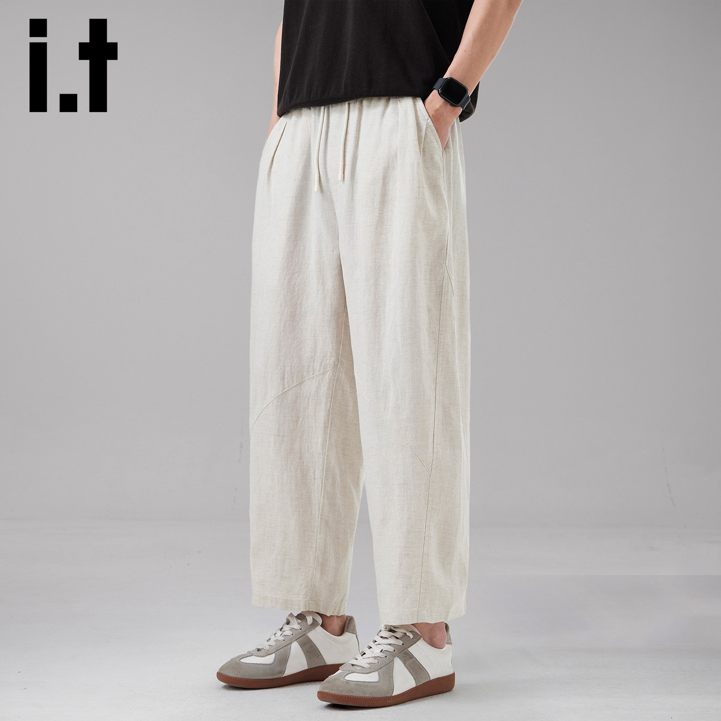 UNDERGARDENのプレミアム通気性リネンストレートレッグクロップドパンツ（メンズ）、新しいサマースタイル、ゆったりとしたフィット感のカジュアルパンツ。