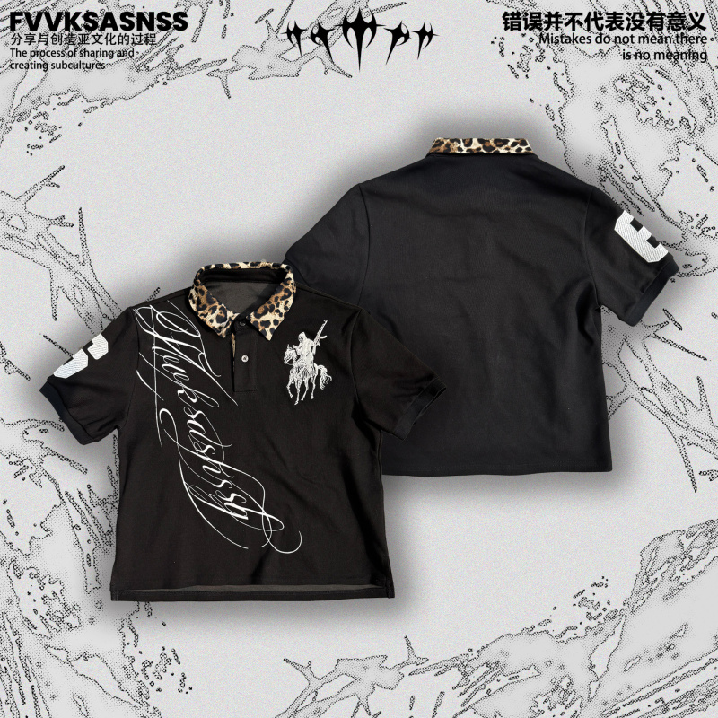 Fvvksasnss Sad Rural Fantasy Leopard Print Lapel Street Subculture Embroidery Regular Shoulder Polo Short Sleeve