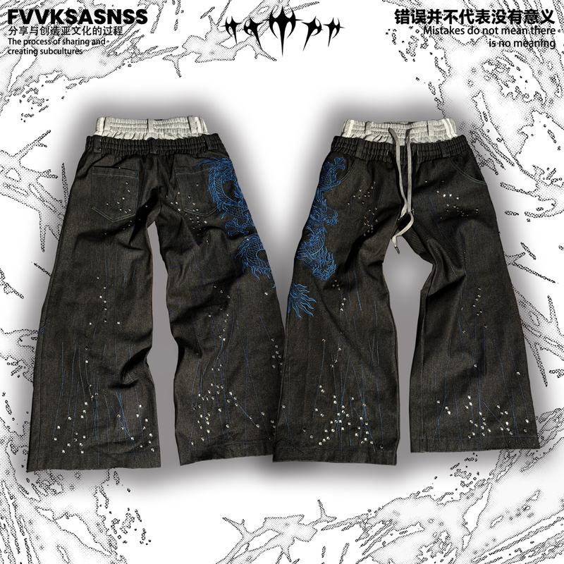 Fvvksasnss Sad Rural Fantasy Subculture Street Embroidery Handmade Rivet Jeans Sweatpants