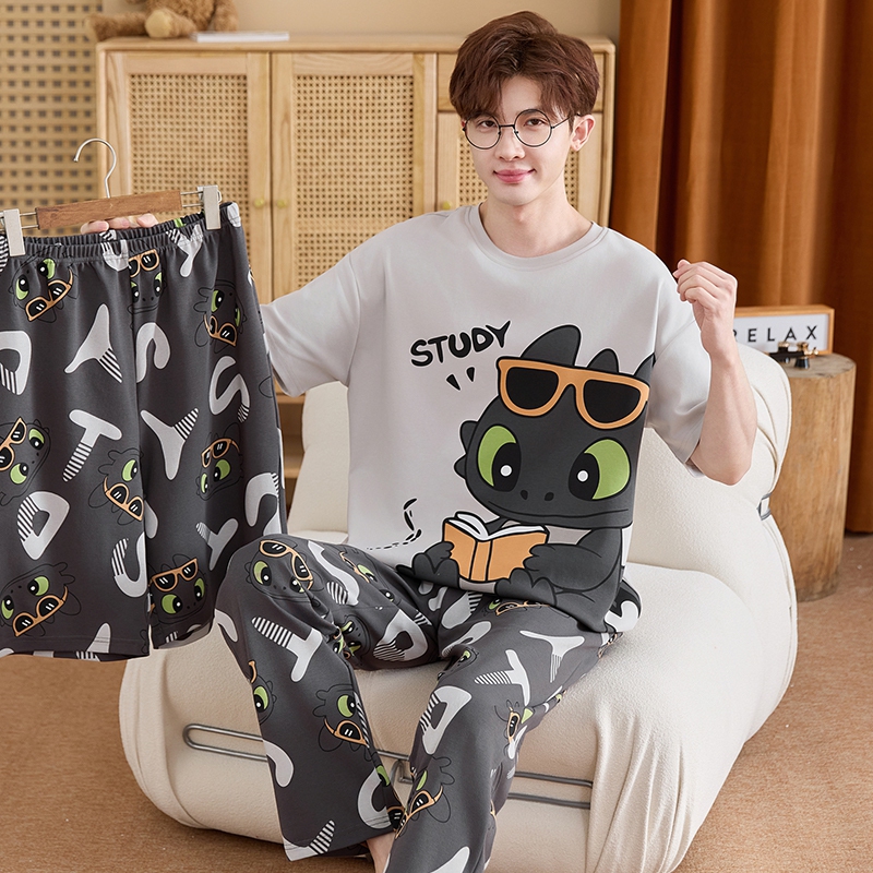 Summer Pajamas for Men, Pure Cotton Short-Sleeved Long Pants, Thin Cartoon Print, Three-Piece Set for Teenagers, Home Wear That Can Be Worn Outside Summer Pajamas for Men, Pure Cotton Short-Sleeved Long Pants, Thin Cartoon Print, Three-Piece Set for Teenagers, Home Wear That Can Be Worn Outside