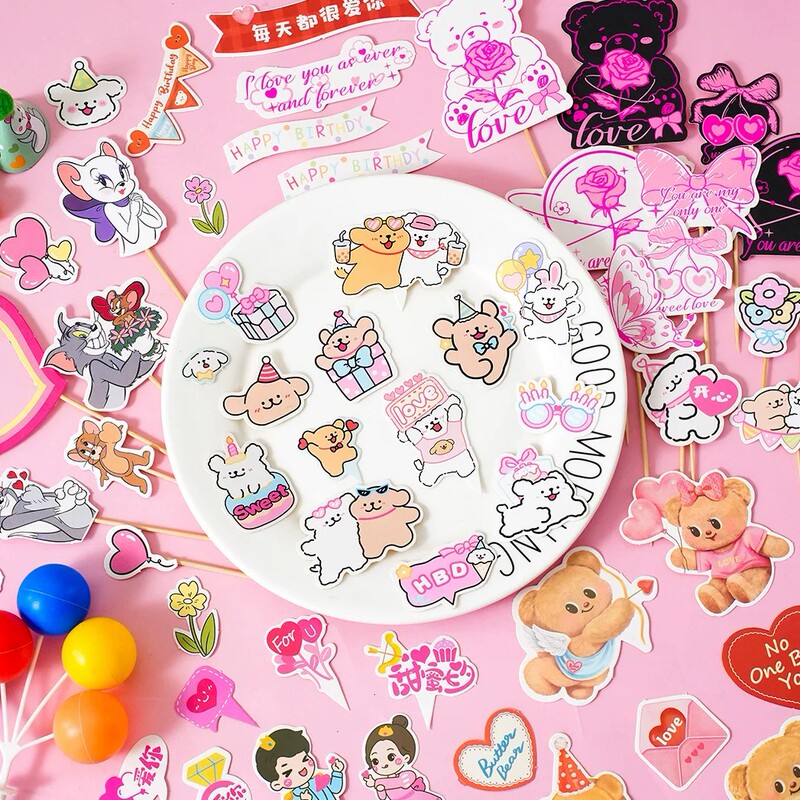 Trendy Valentine's Day Cartoon Cake Decoration Toppers Anniversary Confession Love Heart Lines Puppy Love Baking Inserts
