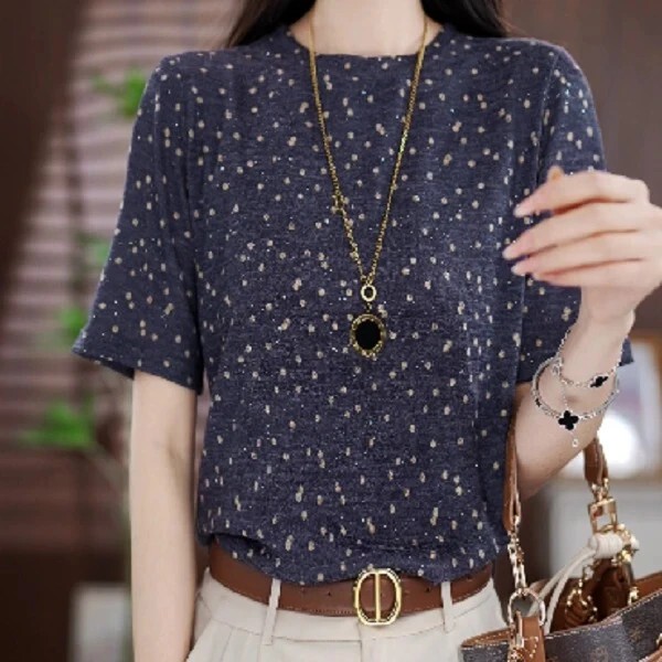 Summer New Fashion Loose and Versatile Age-Reducing Polka Dot Large Size Elegant Silver Sequined Polka Dot Short-Sleeved Top for Women