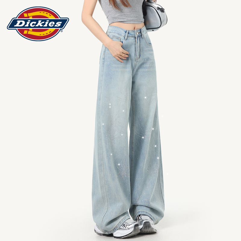 Dickies Light Blue Rhinestone Straight-Leg Jeans for Women 2026 New Summer Loose Slimming Wide-Leg Pants