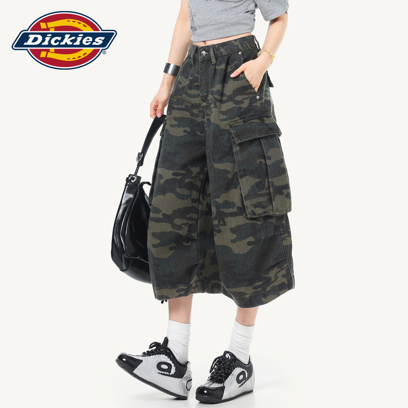 Dickies Camouflage Wide-Leg Denim Cropped Pants for Women 2026 New Summer Loose Slimming Mid-Length Pants