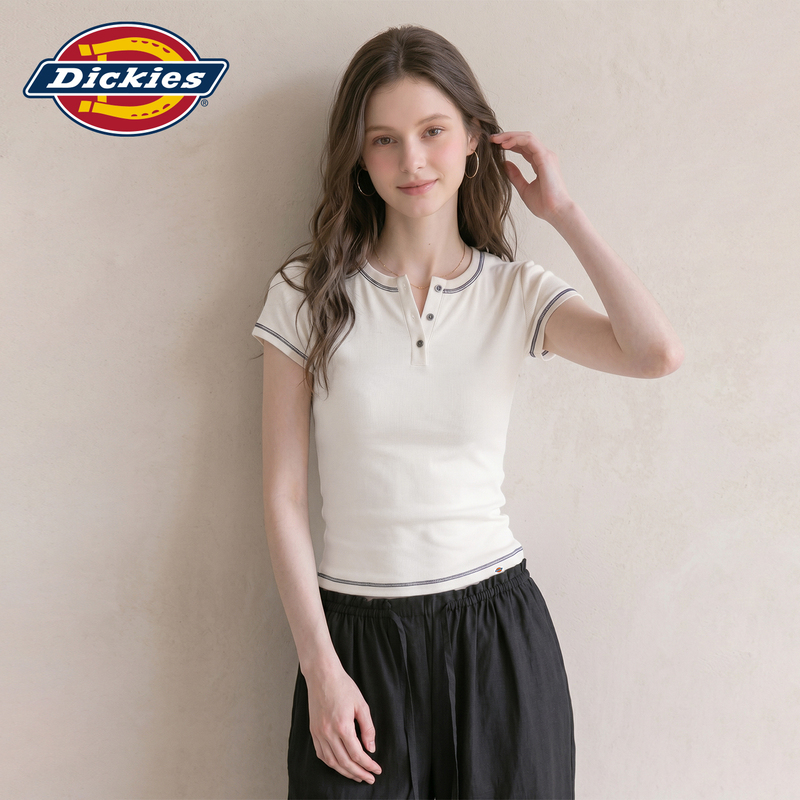 Dickies White Regular Shoulder Short-Sleeve T-Shirt for Women 2026 New Summer Slim-Fit Henry Collar Top Dickies White Regular Shoulder Short-Sleeve T-Shirt for Women 2026 New Summer Slim-Fit Henry Collar Top