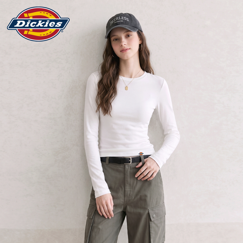 Dickies Korean Style Round Neck Regular Shoulder Long Sleeve T-Shirt for Women 2026 New Autumn Slim Fit Basic Base Shirt Top