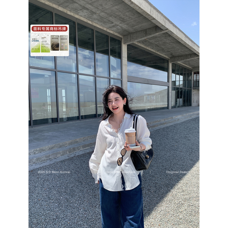 Dcccdic Chen Dian Dian's "Soft Mist Moonlight" Shirt for Women, Early Autumn Lyocell Linen Lace Trim Slimming Top
