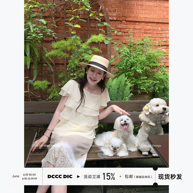 Dcccdic Chen Dian Dian's "Heartbeat Love Song" French-Style Gentle Ruffled Blouse, Summer Textured Elegant Top