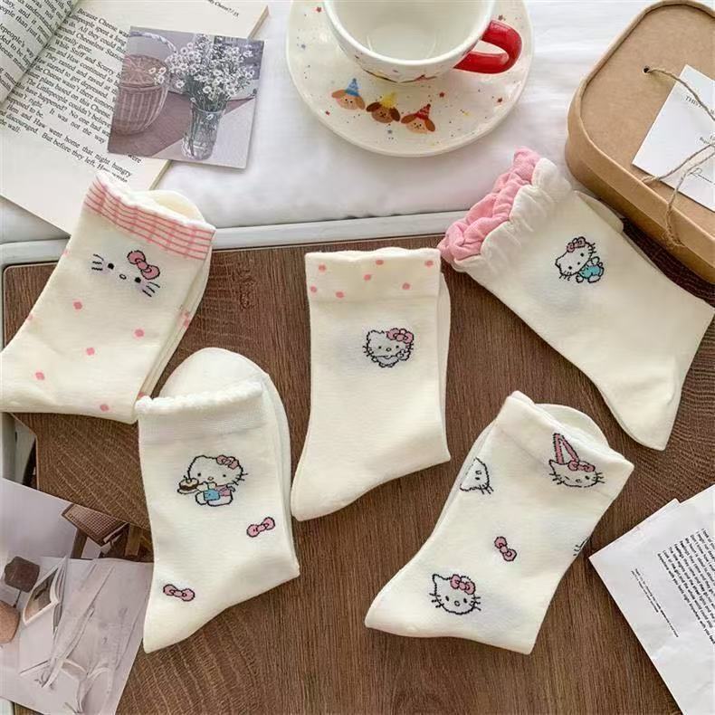 Sweet and Tender Pink Socks for Women, Mid-Calf Socks for Spring and Summer, Hello Kitty Cat, Japanese Style, Lace, Cartoon, Cute and Fresh