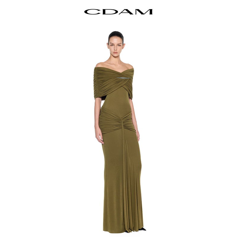 Huaran Same Style Cdam Off-Shoulder Metallic Pleated Waist-Cinching Draped Light Luxury Gown Long Dress Evening Dress Huaran Same Style Cdam Off-Shoulder Metallic Pleated Waist-Cinching Draped Light Luxury Gown Long Dress Evening Dress