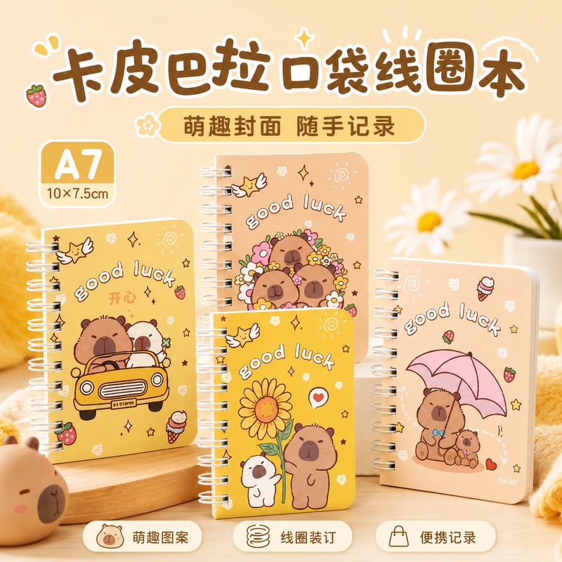 A7 Small Notebook Capibara Student Notebook with Spiral Binding, Cartoon Horizontal Lines for Homework, Mini Vocabulary Notebook