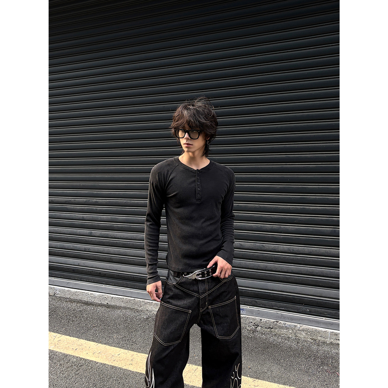 Mhae Distressed Washed Street Style Raglan Sleeve Slim Fit Waist-Cinching Long-Sleeve T-Shirt for Layering
