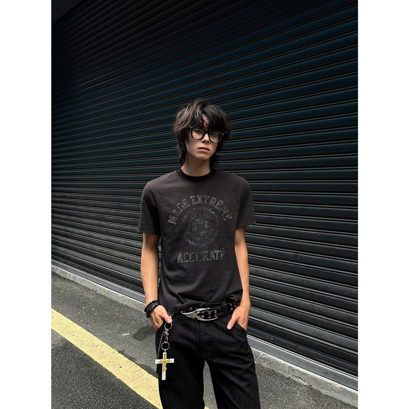 Mhae American Retro Striped Letter Print Short-Sleeve T-Shirt for Men and Women, Summer Boxy Fit Crew Neck Base Shirt