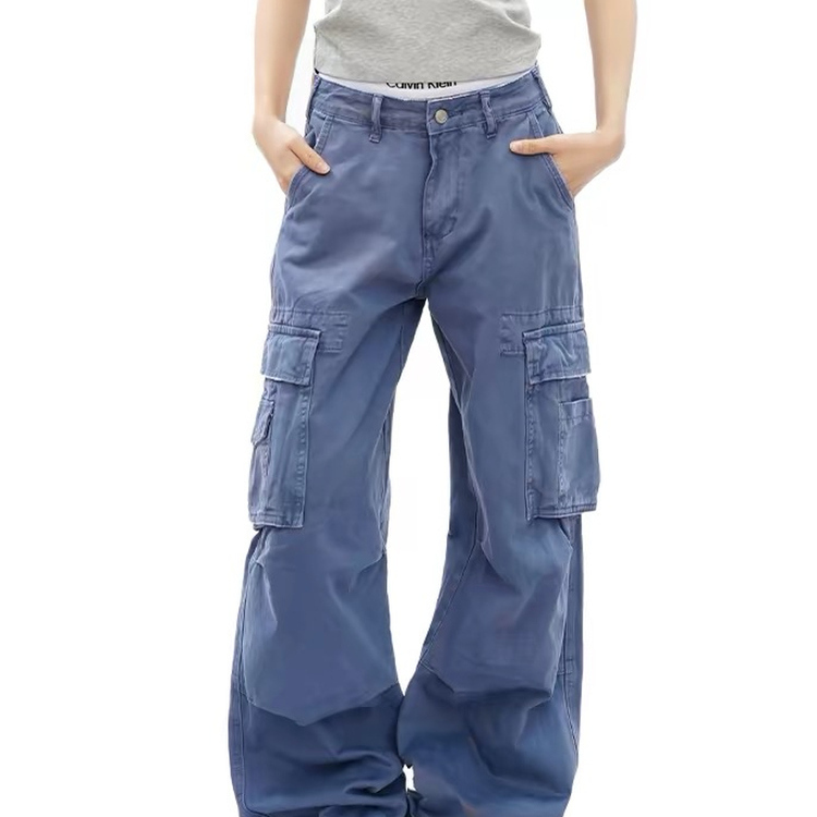 American Retro Washed Vintage Blue Multi-Pocket Work Pants for Women, Casual Versatile Wide-Leg Loose Long Pants Trendy Brand