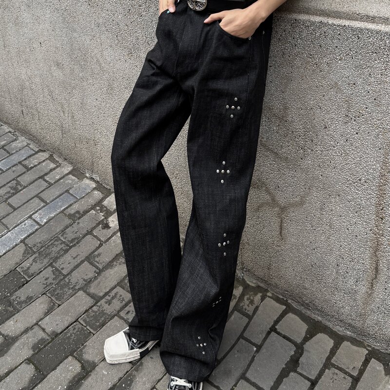 American High Street Style Hand-Studded Black Selvedge Red-Edged Black Denim Jeans for Men and Women, Loose Design, Heavy-Duty Wide-Leg Pants