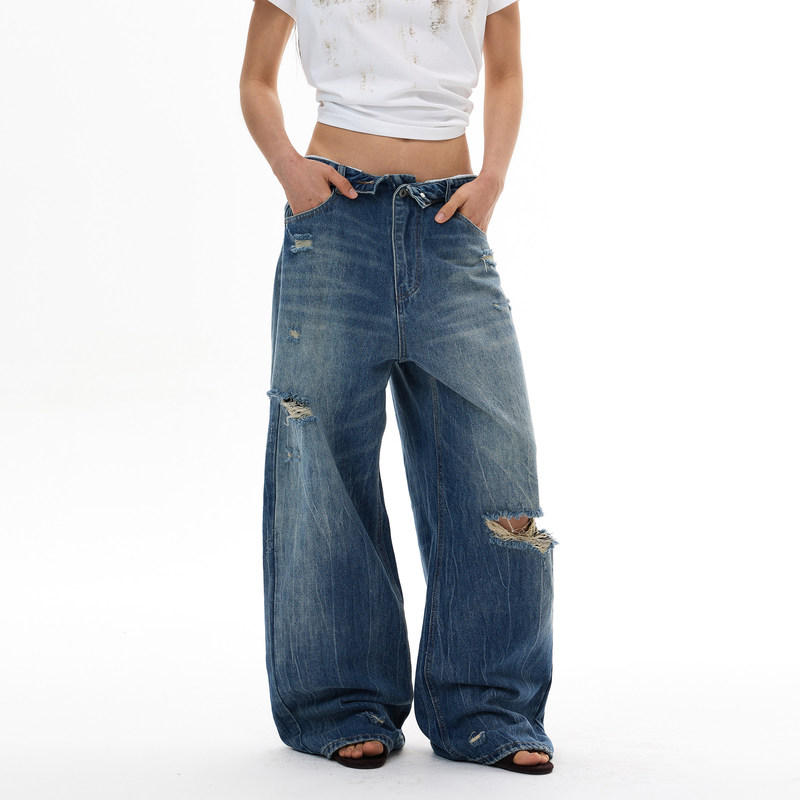 American Retro Ripped Jeans with Cuffed Waistband Design, Unisex Loose Fit, Versatile Casual Straight-Leg Street Style Pants