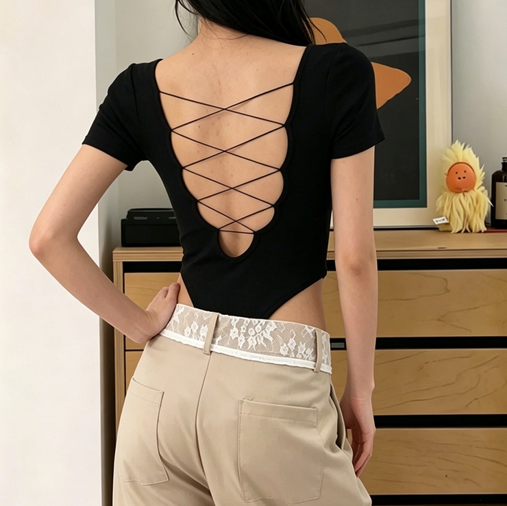 Black Sexy Back-Tie Cut-Out Backless Short-Sleeve T-Shirt with Chest Pads and Exposed Waist Bodysuit Jazz Hottie Top Black Sexy Back-Tie Cut-Out Backless Short-Sleeve T-Shirt with Chest Pads and Exposed Waist Bodysuit Jazz Hottie Top