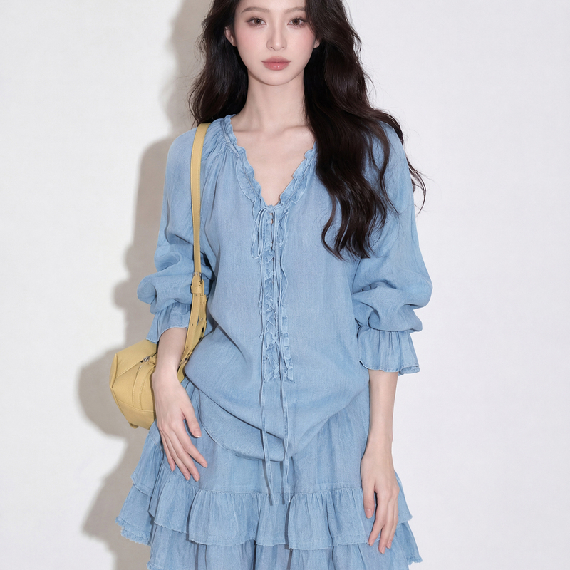 2026 Summer New Korean Style Pleated Skirt with a Relaxed and Lazy Vibe, Paired with a Ruffled Edge Shirt Two-Piece Set for Women