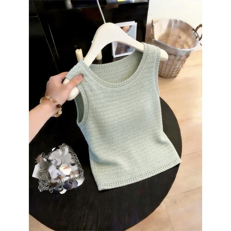Mambo Style Knitted Camisole for Women 2026 Summer Fresh Mint Green U-Neck Vest Age-Reducing Sleeveless Top