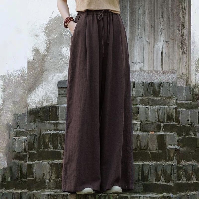 Retro Chinese Style Cotton and Linen Wide-Leg Pants for Women, Summer Plus Size, Elastic Drawstring, High-Waisted, Drapey, Slimming, Long Casual Pants Retro Chinese Style Cotton and Linen Wide-Leg Pants for Women, Summer Plus Size, Elastic Drawstring, High-Waisted, Drapey, Slimming, Long Casual Pants