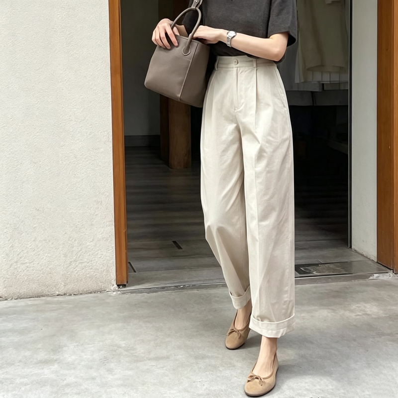 Korean-Style Simple and Elegant Polo Collar Set ~ White High-Waisted Narrow Straight-Leg Wide Pants Korean-Style Simple and Elegant Polo Collar Set ~ White High-Waisted Narrow Straight-Leg Wide Pants