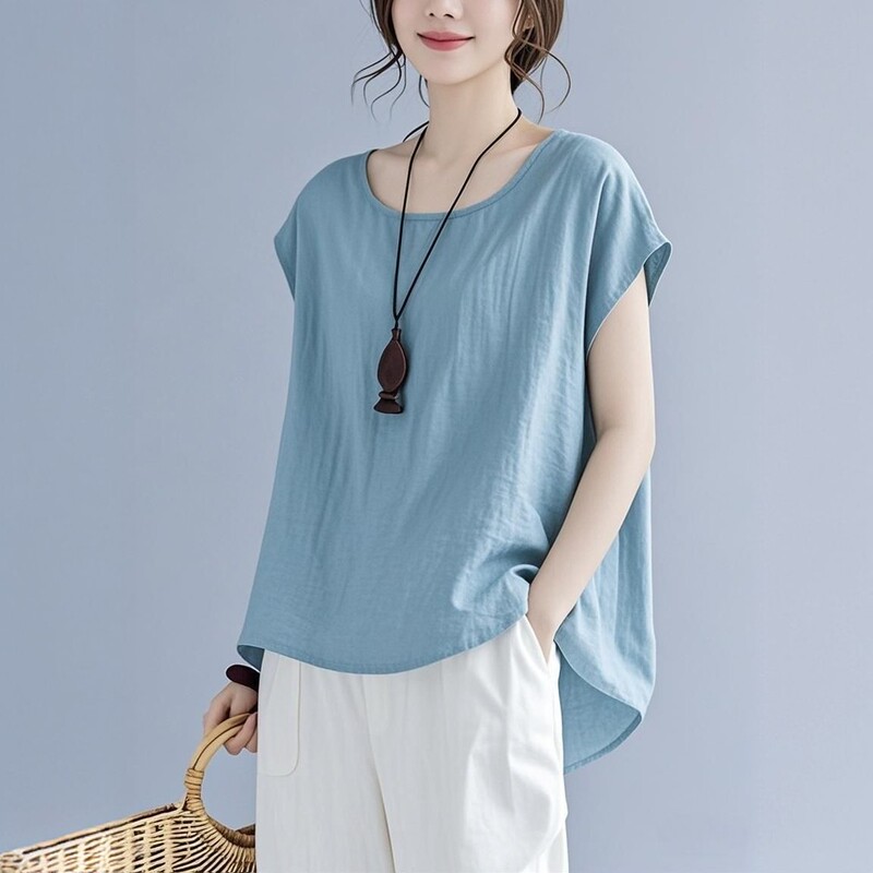 Casual Artistic Cotton and Linen T-Shirt for Women, Summer Thin Style, Large Size, Loose Fit, Slimming, Round Neck, Raglan Sleeves, Short-Sleeve Top Casual Artistic Cotton and Linen T-Shirt for Women, Summer Thin Style, Large Size, Loose Fit, Slimming, Round Neck, Raglan Sleeves, Short-Sleeve Top