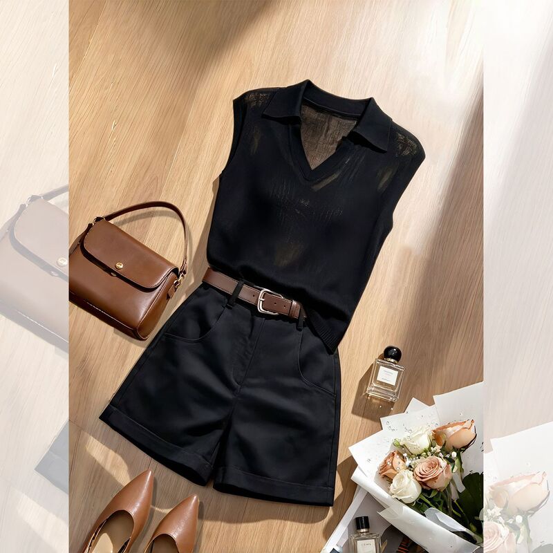 French-Style Sophisticated and Intellectual Outfit: a Complete Set of Unique and Beautiful Lapel-Collar Sleeveless Knitted Tops, Women's Vests, and Shorts Sets
