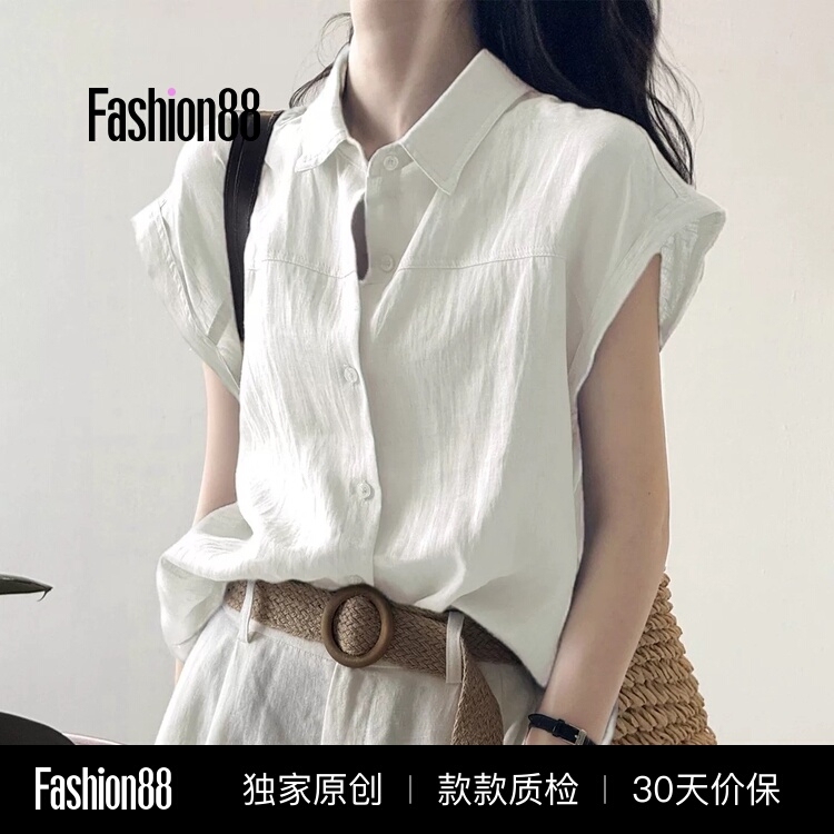 Linen Short-Sleeved White Shirt for Women, Summer White Blouse, Japanese Style Workwear, Women's Fashion, Small Flying Sleeves, Sleeveless Cotton-Linen Top Linen Short-Sleeved White Shirt for Women, Summer White Blouse, Japanese Style Workwear, Women's Fashion, Small Flying Sleeves, Sleeveless Cotton-Linen Top