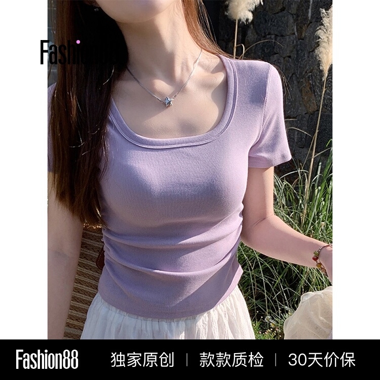 French-Style Purple Short-Sleeve T-Shirt for Women with Square Neck, 2026 Summer New Slim-Fit Crop Top French-Style Purple Short-Sleeve T-Shirt for Women with Square Neck, 2026 Summer New Slim-Fit Crop Top