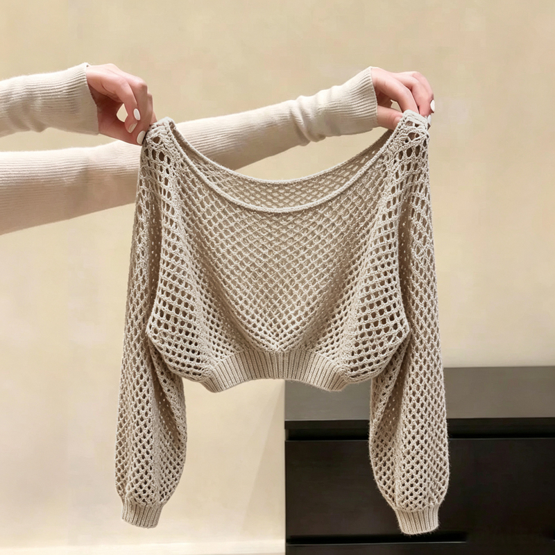 Summer Hollow-Out Coffee-Colored Long-Sleeved Hollow-Out Knitwear with a Lazy Style and a High-End Feel, Super Stylish Outerwear for Women