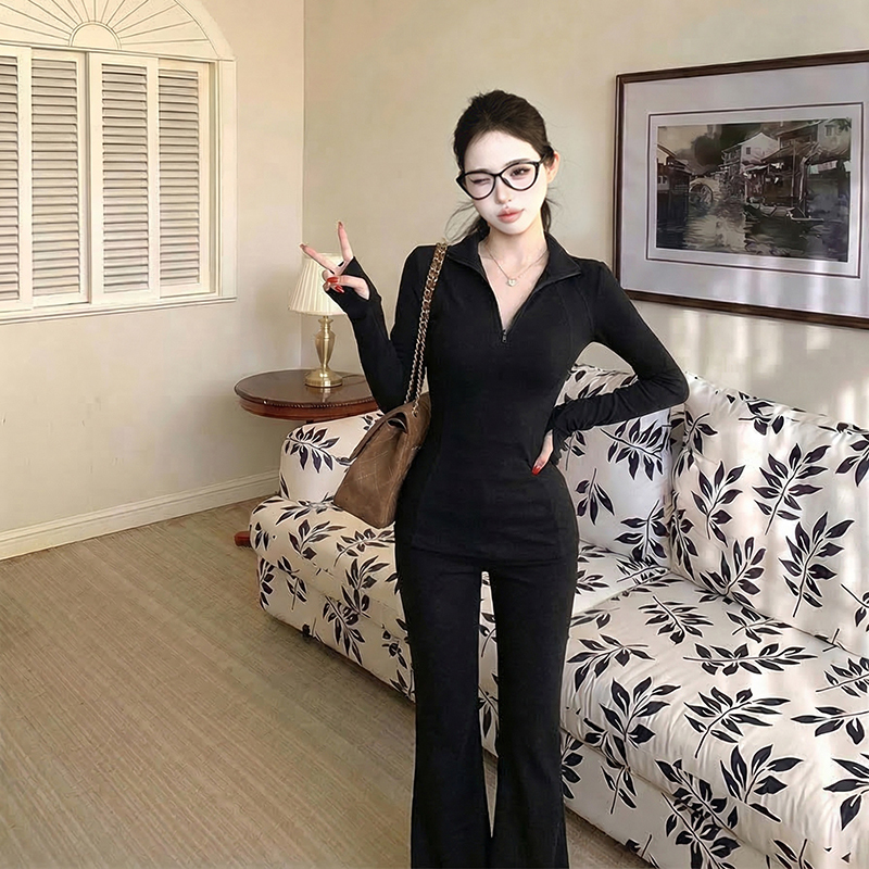 Black Zipper Stand-Up Collar Long-Sleeved Slim-Fitting Top for Women Spring New Sports Suit Casual Slightly Flared Pants Two-Piece Set