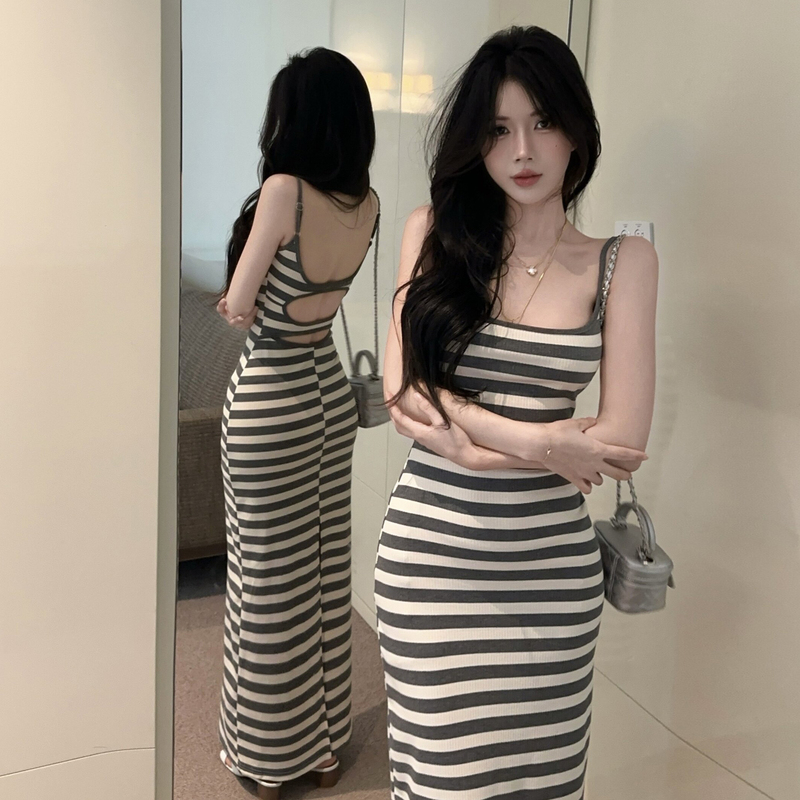 Purely Alluring, Lazy and Sexy Striped Backless Slip Dress, Figure-Flattering, Slim-Fitting, Hip-Hugging, Slit Long Dress for Women
