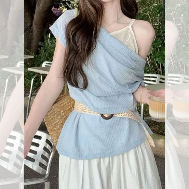 Stunning Korean-Style Outfit: Women's Summer 2026 New Style Off-Shoulder Knit Top with Waist-Cinching Design and Faux Two-Piece Exposed Shoulder Short-Sleeve Top Stunning Korean-Style Outfit: Women's Summer 2026 New Style Off-Shoulder Knit Top with Waist-Cinching Design and Faux Two-Piece Exposed Shoulder Short-Sleeve Top