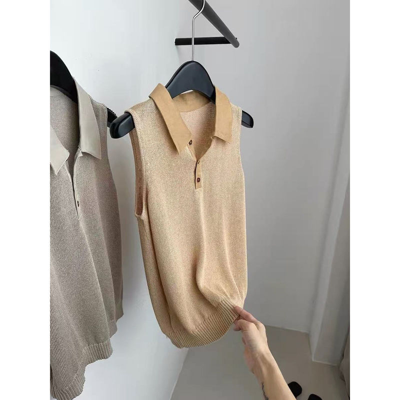 Khaki Polo Collar Sleeveless Knitted Vest for Women, Summer Thin Ice Silk Loose Fit Commuter Vest Top