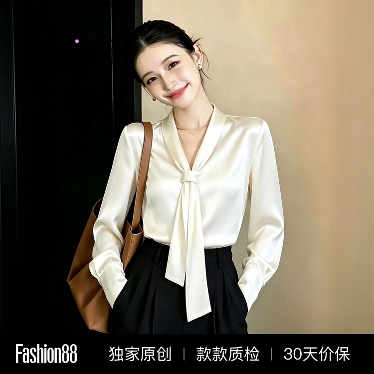 French-Style Apricot Satin Ribbon Shirt for Women, Spring and Autumn Professional Work Shirt, Petite Long-Sleeve Loose V-Neck Top