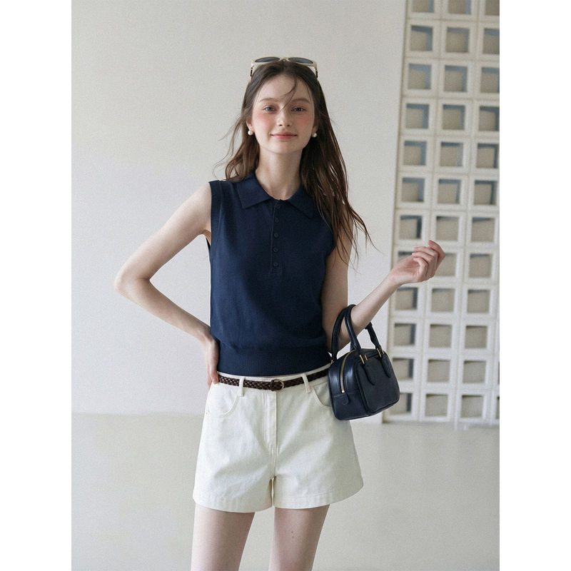 French-Style High-Intelligence Retro Navy Blue Polo Collar Sleeveless Knitted Vest for Women, Summer Elegant Slim-Fit Tank Top French-Style High-Intelligence Retro Navy Blue Polo Collar Sleeveless Knitted Vest for Women, Summer Elegant Slim-Fit Tank Top