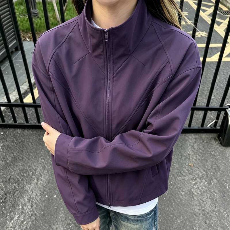 Purple American-Style Deconstructed Patchwork Stand-Collar Flight Jacket for Men, Autumn and Winter High Street Regular Shoulder Boxy Short Baseball Jacket Purple American-Style Deconstructed Patchwork Stand-Collar Flight Jacket for Men, Autumn and Winter High Street Regular Shoulder Boxy Short Baseball Jacket