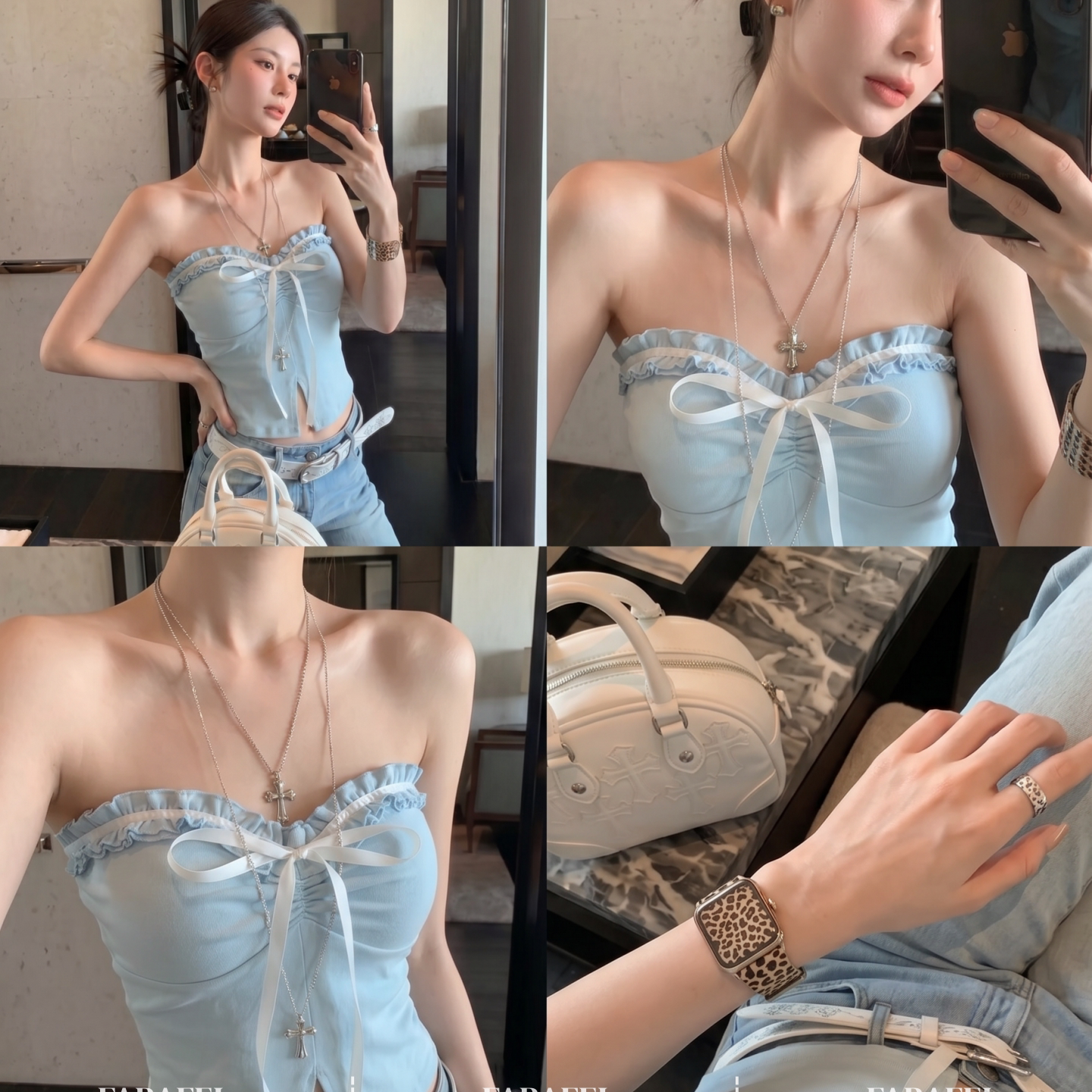 Blue ruffled bow strapless top, new summer style, slit hem, sexy girl top with breast padding