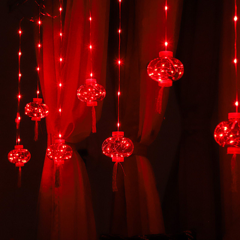 在庫あり　新年用赤い提灯ストリングライト、プラグイン式LEDカラーライト、カーテンライト、春節装飾、お祝いムードを盛り上げるライトストリング
