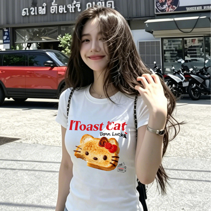 Korean-Style Cartoon Print Short-Sleeved T-Shirt for Women, Slim Fit, Round Neck, Slimming, Versatile, Niche Top