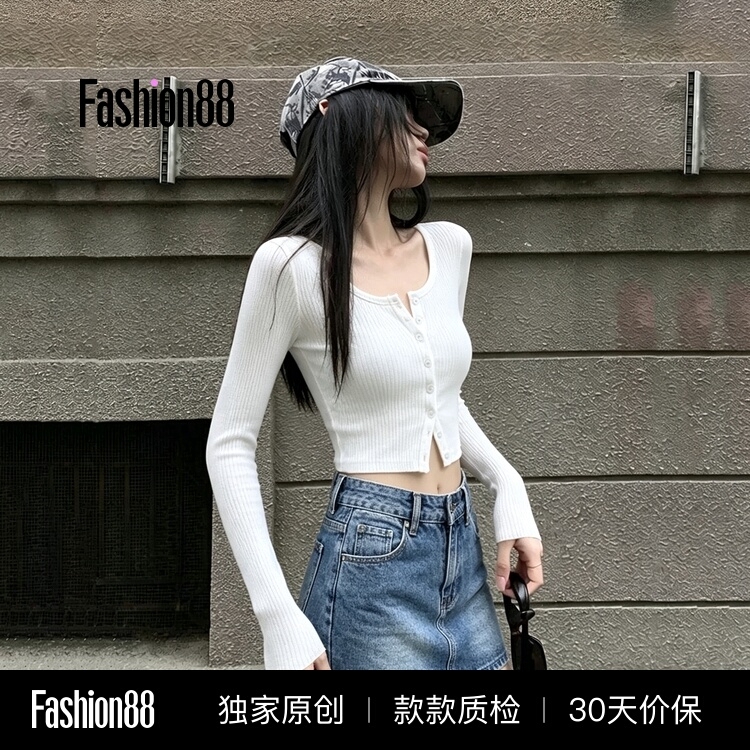 Hot Girl Style Sexy Tight-Fitting Knit T-Shirt for Women, Early Autumn Slim Fit Short Crop Top for Petite Figures Hot Girl Style Sexy Tight-Fitting Knit T-Shirt for Women, Early Autumn Slim Fit Short Crop Top for Petite Figures